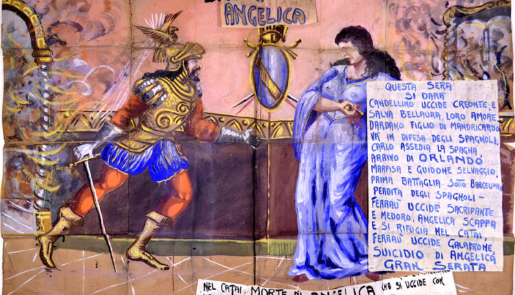 CARTELLO Morte di Angelica tempera su carta da imballaggio, 191×149 cm, 1946, Collezione Marionettistica Fratelli Napoli, © photo Rosario Pecorella