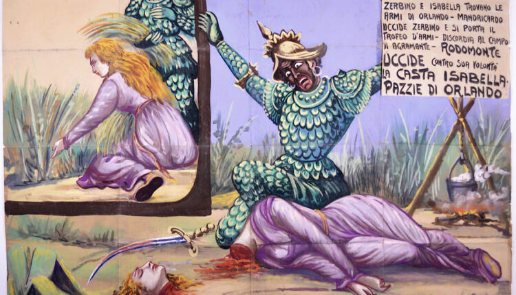 CARTELLO Rodomonte uccide Isabella, tempera su carta da imballaggio, 194×149 cm, 1960, Collezione Marionettistica Fratelli Napoli, © photo Rosario Pecorella